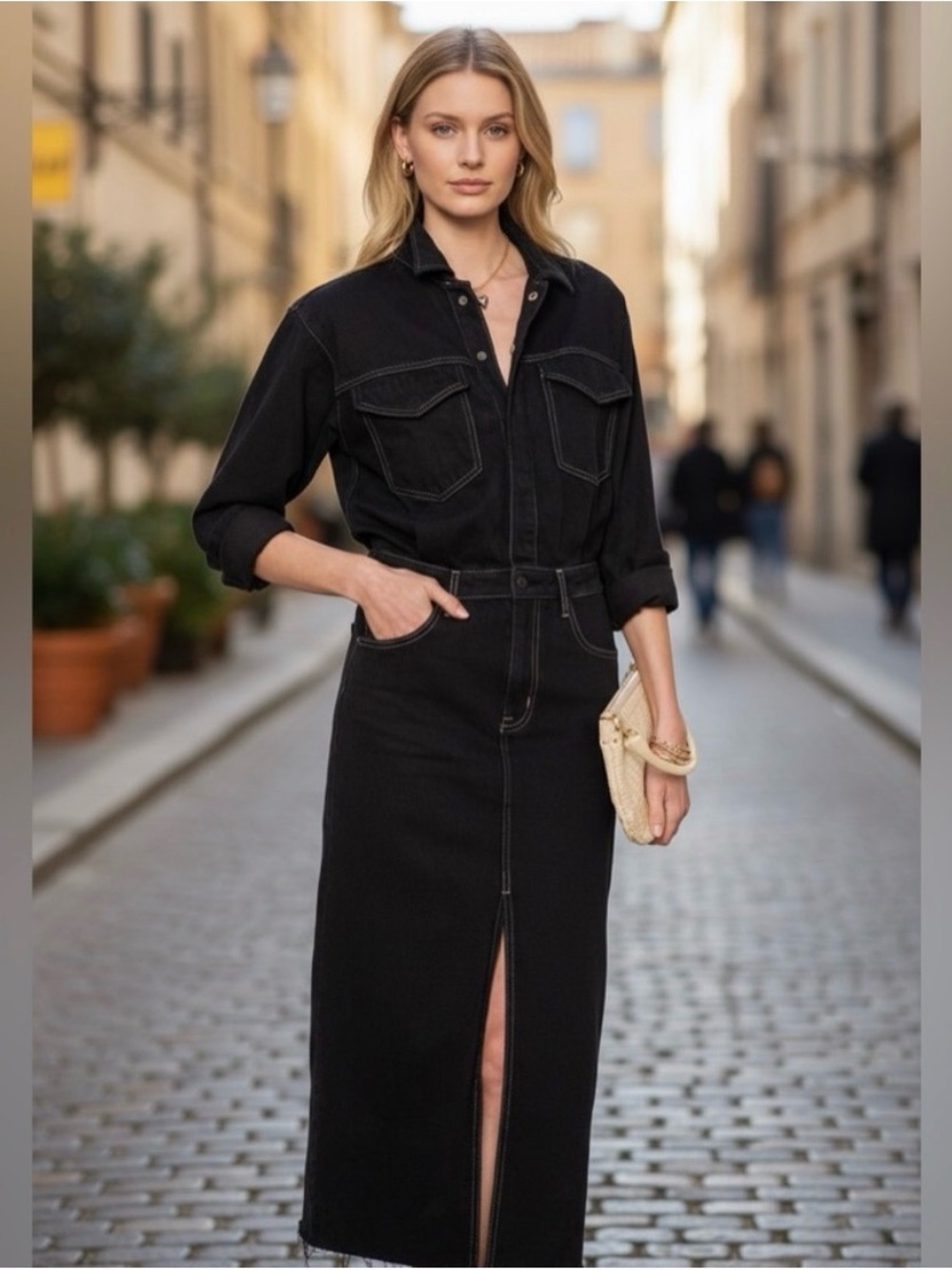 Pistola Amira Denim Midi Dress
Size: small

Color: vioght (black denim)